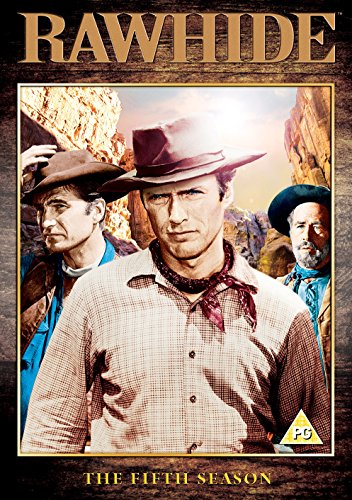 DVD cover featuring three cowboys in a rocky landscape, with title "Rawhide" and "The Fifth Season".