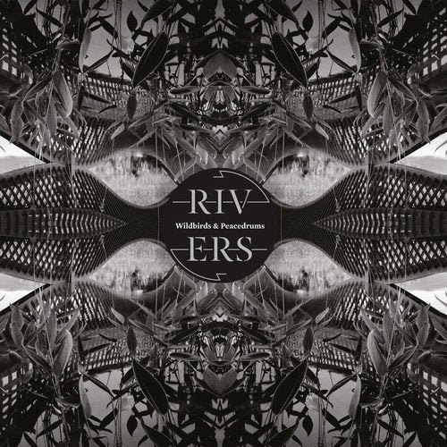 "Black and white abstract album cover with mirrored foliage and 'Rivers' text."