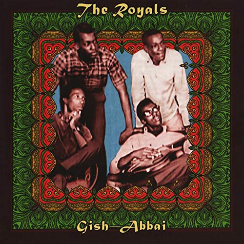 "Album cover with four men inside a red and green ornate frame."