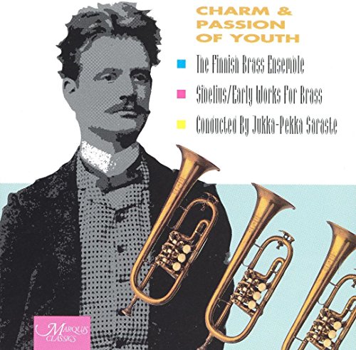 "CD cover with black and white man, trumpets, and text on white and blue background."