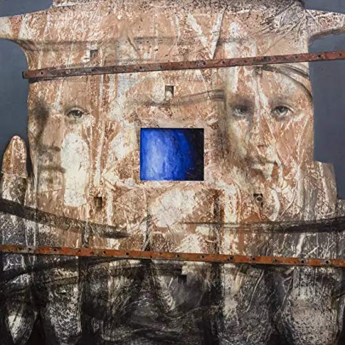 Textured abstract painting featuring two faces, metal straps, and a central blue square.