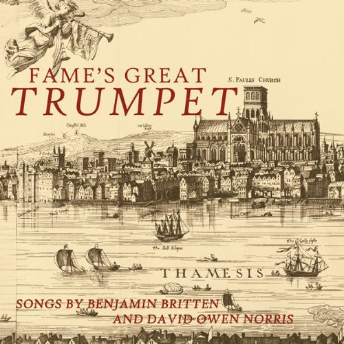 "Fame's Great Trumpet" CD cover featuring a vintage illustration of a riverside town scene.