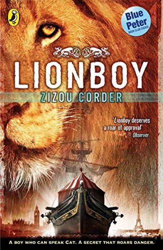 "Book cover featuring a lion's face, ship, and city skyline with 'Lionboy' title."