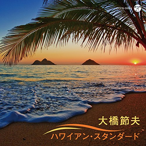 Hawaiian beach sunset with palm fronds and Japanese text on CD cover.