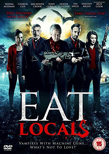 The alt text for the image is: "DVD cover for 'Eat Locals' featuring five people holding guns."