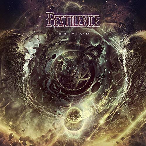 Album cover for Pestilence’s “Exitivm” featuring cosmic, swirling dark imagery.
