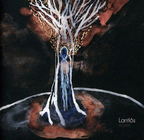 Watercolor painting of a figure and tree with blue and red tones.