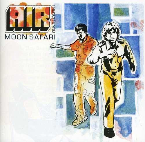 Album cover art for "Air - Moon Safari" featuring an illustration of two men running.