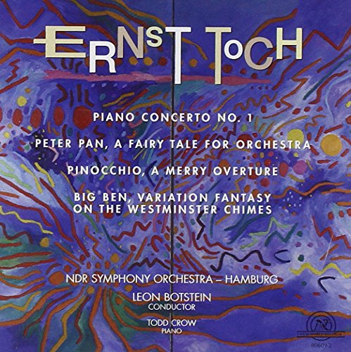 "CD cover with abstract blue background, colorful squiggles, and white text listing Ernst Toch's compositions."