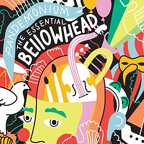 "Album cover art with vibrant, abstract illustrations and text 'Pandemonium The Essential Bellowhead'."