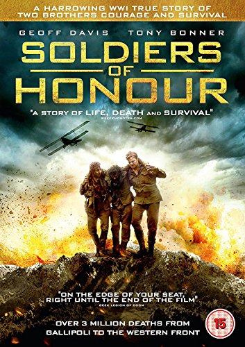 "Soldiers of Honour DVD cover featuring three soldiers on a battlefield with planes overhead."