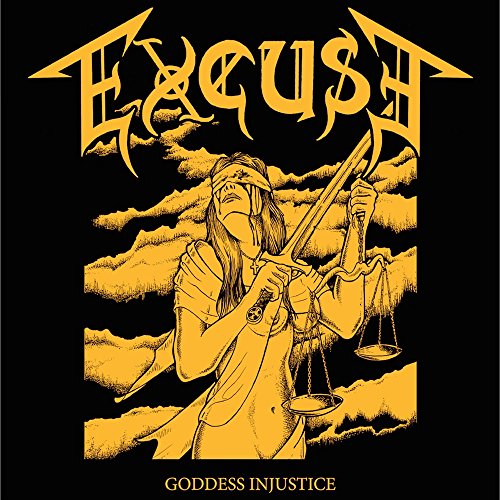 Yellow illustration of blindfolded Lady Justice holding scales, album cover.