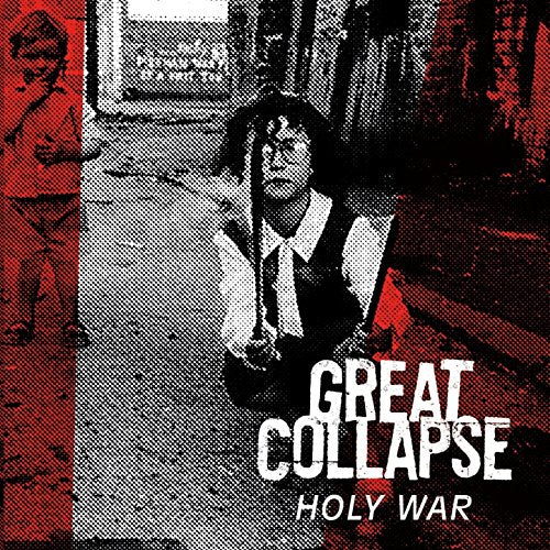"Album cover with a man holding a rifle, red and black halftone effect."