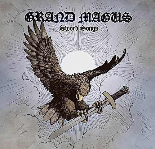 "Album cover art featuring an eagle holding a sword, with sun and clouds."
