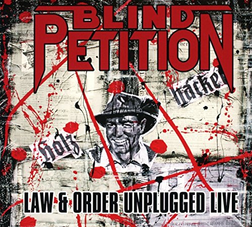 "Album cover with man in hat, red splatters, and 'Blind Petition' in red text."