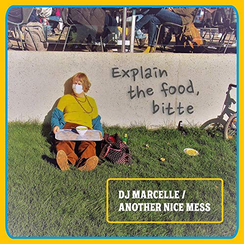 Vinyl album cover: woman with food tray sits before graffiti text.