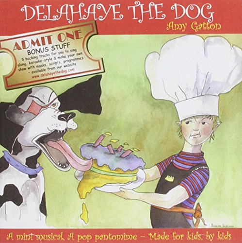 "CD cover art featuring a cartoon dog and chef with a cake."
