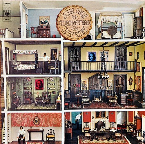 "Collage of a dollhouse's interior rooms with a wooden seal overlay."