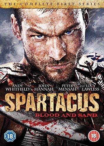 DVD cover for "Spartacus: Blood & Sand" featuring a man with a stern expression and swords.