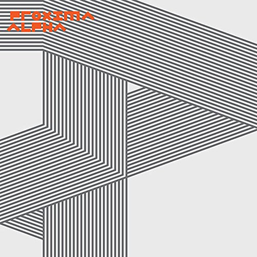 The image shows a vinyl record cover with a geometric design and text. Alt text: "Vinyl record cover with black geometric lines and orange text on gray background."