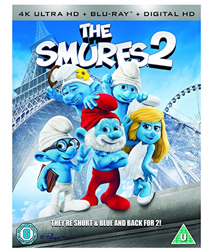 The Smurfs 2" Blu-ray cover featuring several Smurfs in front of the Eiffel Tower.