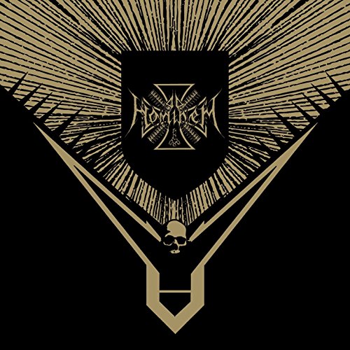 Black album cover with gold emblem, skull, and radiating lines, for "Ad Hominem" CD.