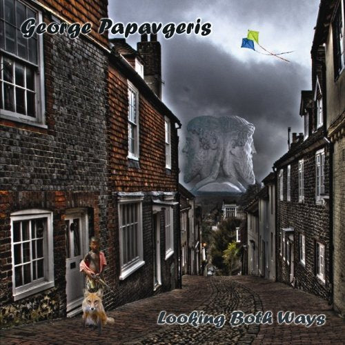 "Album cover art: surreal scene with man, dog, and kite in a narrow street."