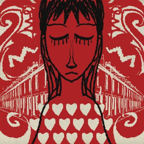 The image depicts a red-toned illustration of a woman with closed eyes and a heart-patterned top.