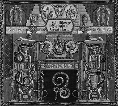 Black and white illustration of Egyptian-style figures, snakes, and text in a decorative frame.