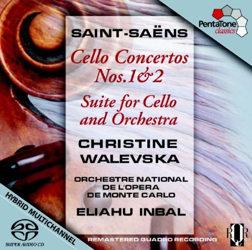 CD cover with cello image and text describing Saint-Saëns' cello concertos and suite.