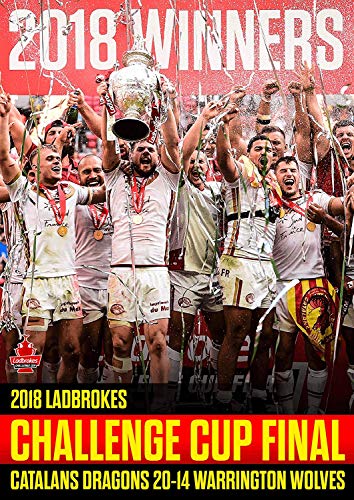 Catalans Dragons rugby team celebrating 2018 Challenge Cup win with trophy.