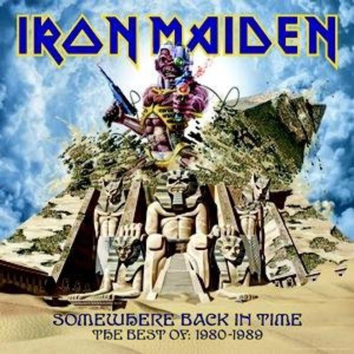 "Iron Maiden album cover with Eddie emerging from a pyramid, surrounded by sphinxes."