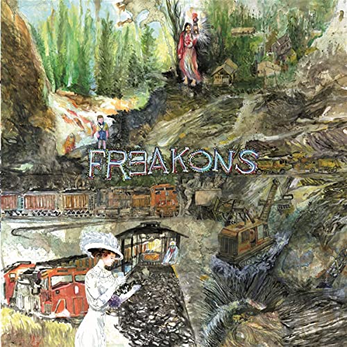 Album cover for Freakons featuring a painted landscape with trains and figures.