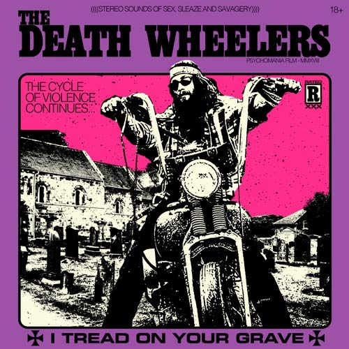 CD cover: biker with beard riding motorcycle in a graveyard.
