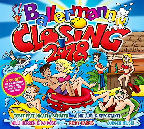 "Album cover with cartoon people partying on a beach, 'Ballermann Closing 2018' in colorful letters."