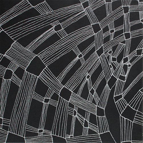 Black and white abstract art with intersecting lines and block shapes.