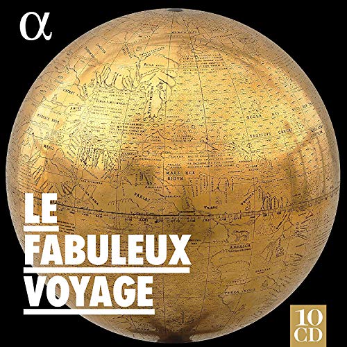 "Vintage-style globe on black background with 'LE FABULEUX VOYAGE' text and '10 CD' label."