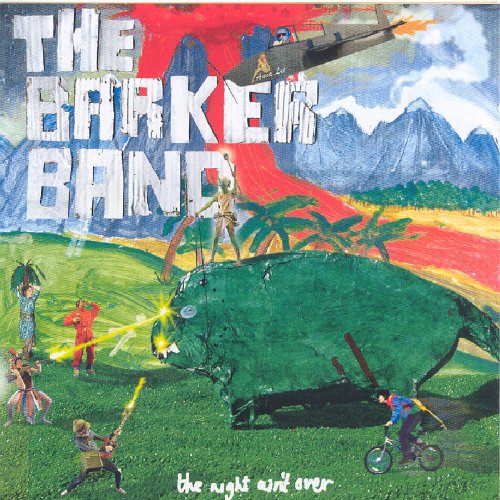 "Album cover art: The Barker Band, colorful illustration of people playing instruments."