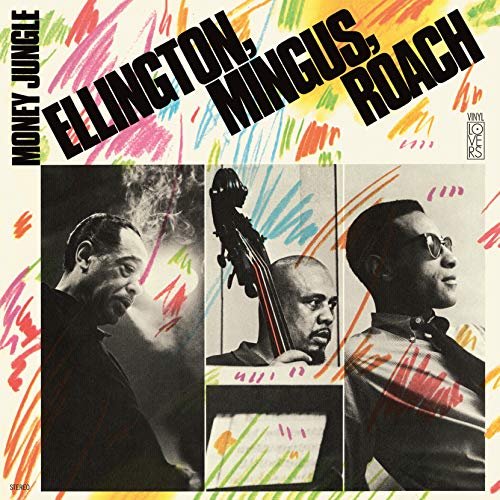 "Album cover with black and white portraits and colorful scribbles, titled 'Money Jungle'."