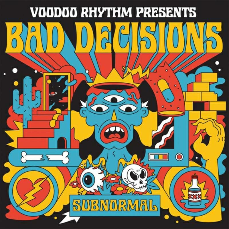 CD cover for “Bad Decisions - Subnormal” with colorful, surreal cartoon art.