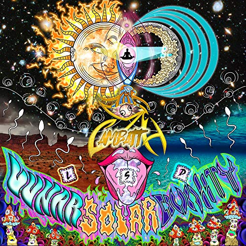 "Album cover art featuring a psychedelic illustration of a sun, moon, and surreal landscape."