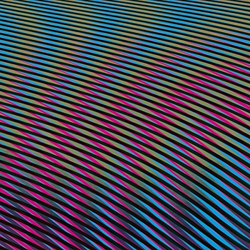 Colorful, wavy lines in shades of pink, blue, black and gold.