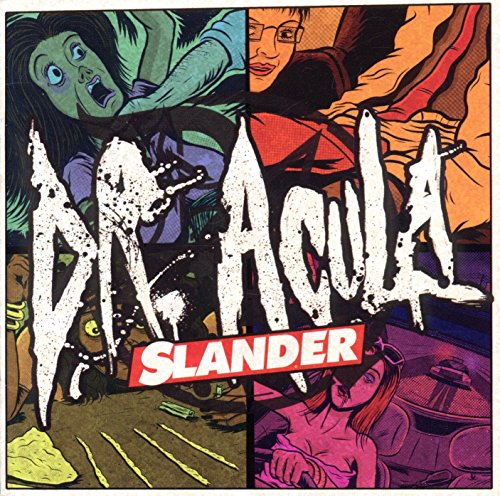 "Album cover for 'Dr. Acula - Slander' with comic-style illustrations and bold text."