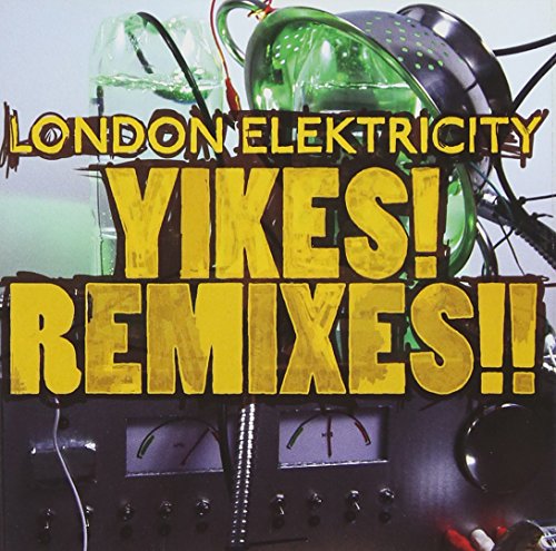 "CD cover with yellow text 'London Elektricity Yikes Remixes' over electronic equipment and wires."