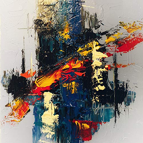 The alt text for the image is: "Abstract painting with thick brushstrokes in blue, red, yellow, and black on white."