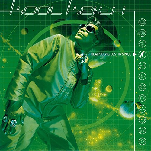 "Man in leather jacket and sunglasses on a green, space-themed album cover."