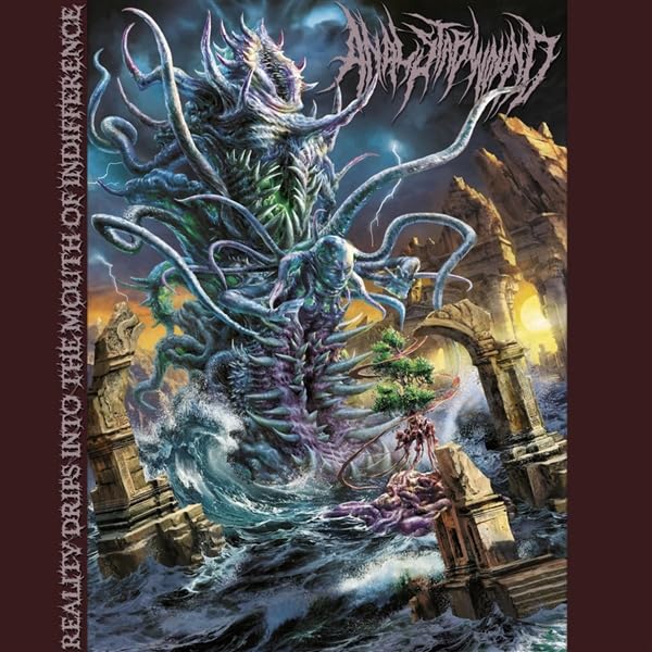 Dark fantasy album cover with monstrous creature and ruined architecture.