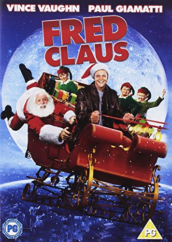 “Fred Claus” DVD cover featuring Vince Vaughn, Santa, and elves in a sleigh.