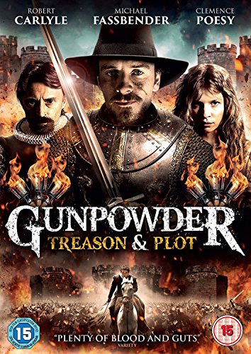 "DVD cover featuring three historical characters amidst flames, with a burning castle in background."