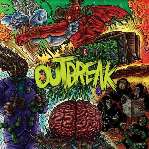CD cover for "Outbreak" featuring monsters, brains, and a cityscape.